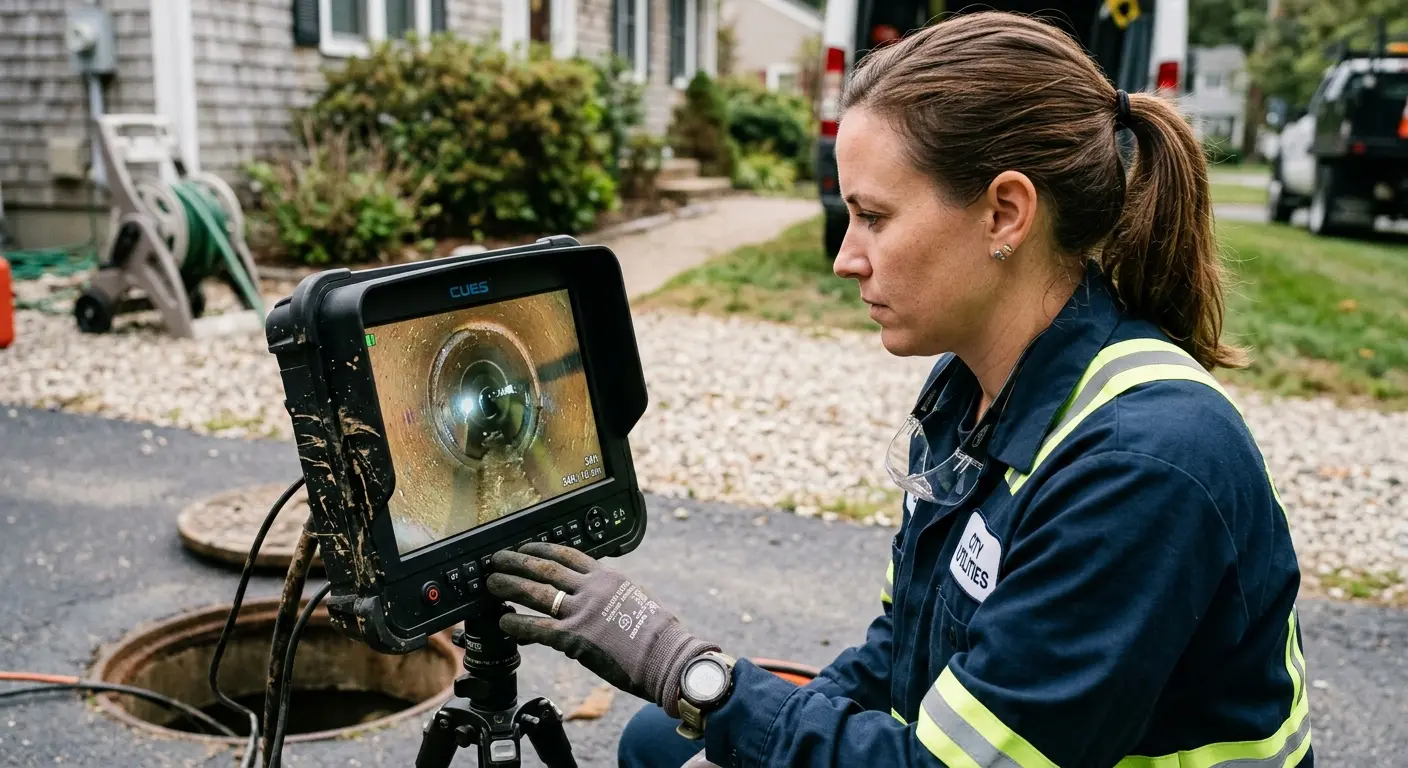 Technician reviewing sewer camera inspection footage in West Athens