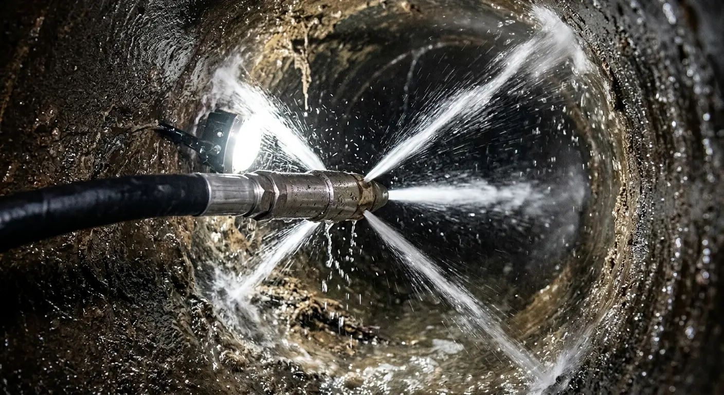High-pressure hydro jetting nozzle cleaning sewer pipe for Storm Drain Cleaning in West Athens
