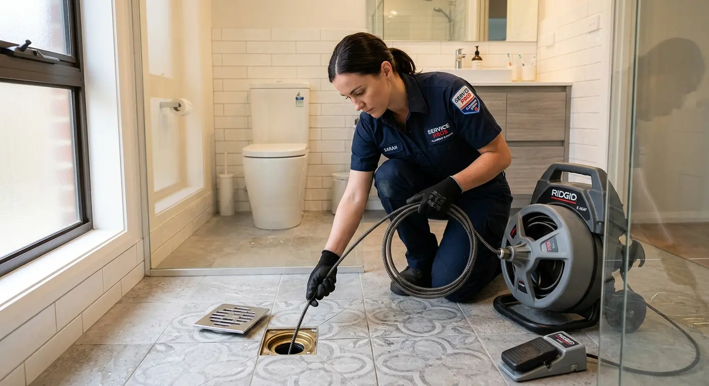 Technician clearing a bathroom floor drain for Sewer Line Installation in West Athens